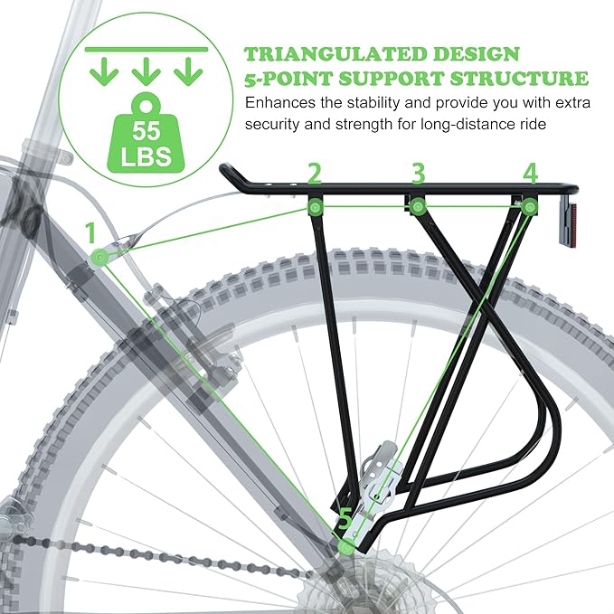 Bike Cargo Rack w/Bungee Cargo Net & Reflective Logo Universal Adjustable Bicycle Rear Luggage Touring Carrier Racks 55lbs Capacity Quick Release Mountain Road Bike Pannier Rack for 26"-29" Frames