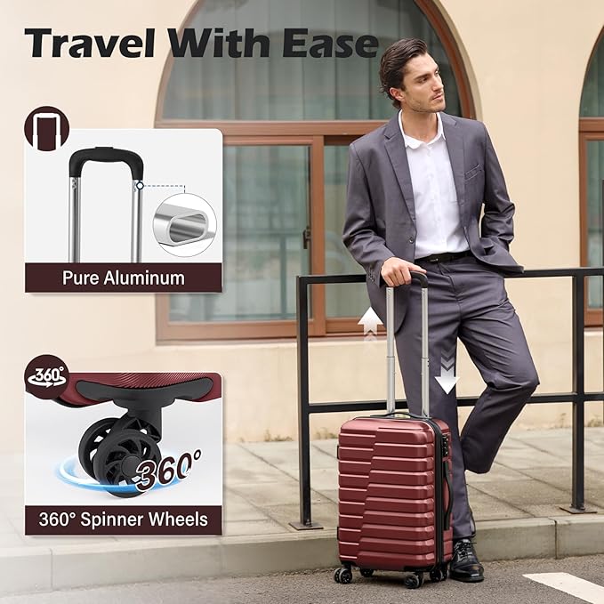 Coolife Luggage Sets, 3 Piece Hard Shell Suitcase Set with Spinner Wheels, Expandable Large Checked Luggage, Lightweight Rolling Carry On with TSA Lock Wine Red