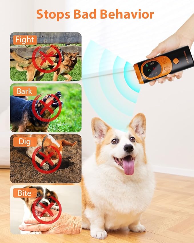 Anti Barking Device for Dogs, 3X Ultrasonic Dog Bark Deterrent Device with Training Modes Stop Neighbors Dog Barks, Portable Dog Training Tool with Flashlight Indoor Outdoor Use, Black and Orange