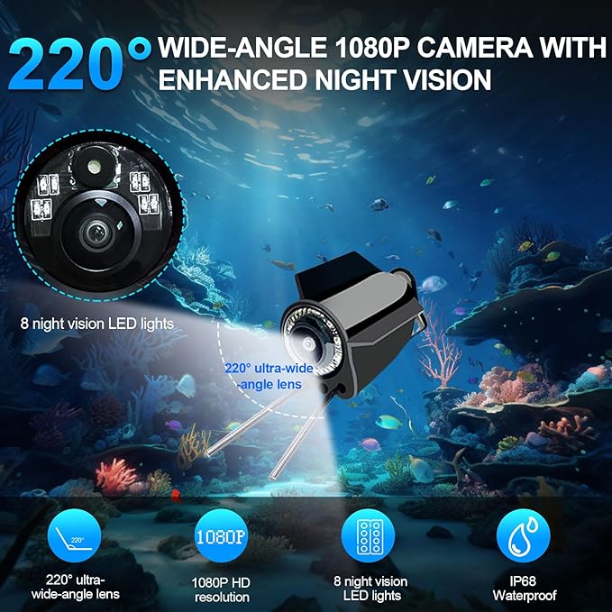 Underwater Fishing Camera 5 in,1080P Ice Fishing Camera with 220° Wide Angle Night Vision,100FT Cable & 8000mAh Battery,IP68 Waterproof Underwater Camera for Ice Lake Sea Boat Fishing