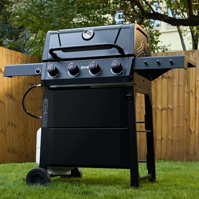 4 Burner Gas Grill, 36,000 BTU Outdoor BBQ Grill with Side Table for Outdoor Cooking & Backyard Barbecue, Premium Enameled Coated Chamber Body with Porcelain-Enameled Grates, Black