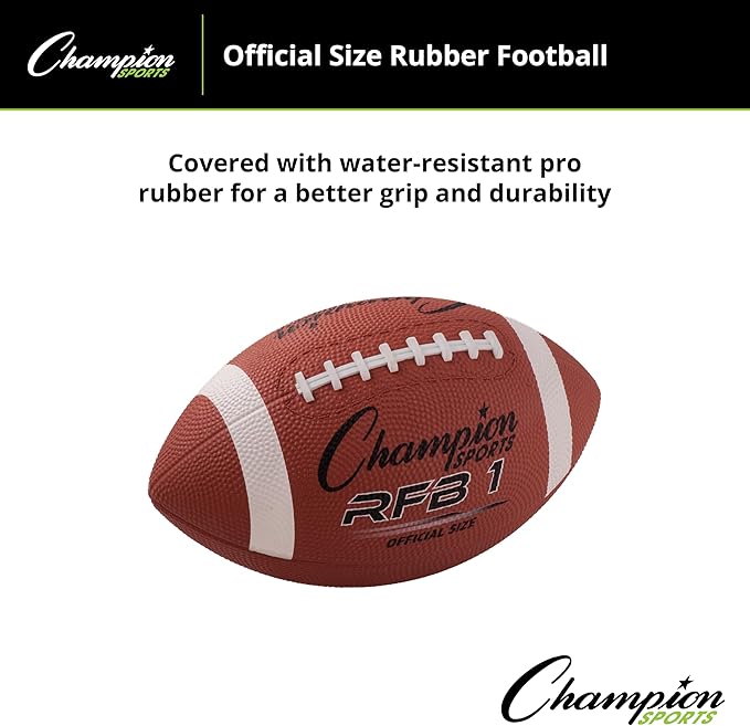 Champion Sports Rubber Football – Durable All-Weather Football with Enhanced Grip - Backyard Play & Training – Pee Wee to Official Sizes