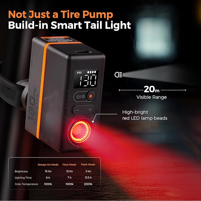 FLEXTAILGEAR Mini Portable Bike Tire Pump with Digital Gauge & Taillight, 120&130 PSI Electric Bicycle Pump, Presta and Schrader Valves, for Road, Mountain Bikes, Motorcycle, Balls
