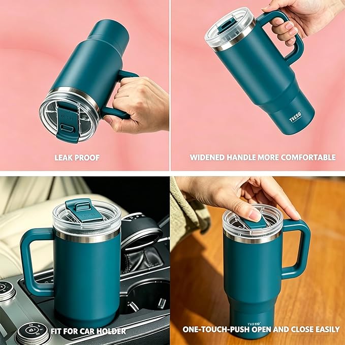TYESO Vacuum Insulated Tumbler Water Bottle Cold Insulation Stainless Steel Bottle Straw Handle Mug Double Wall Wide Mouth (DARK BLUE, 40 oz)