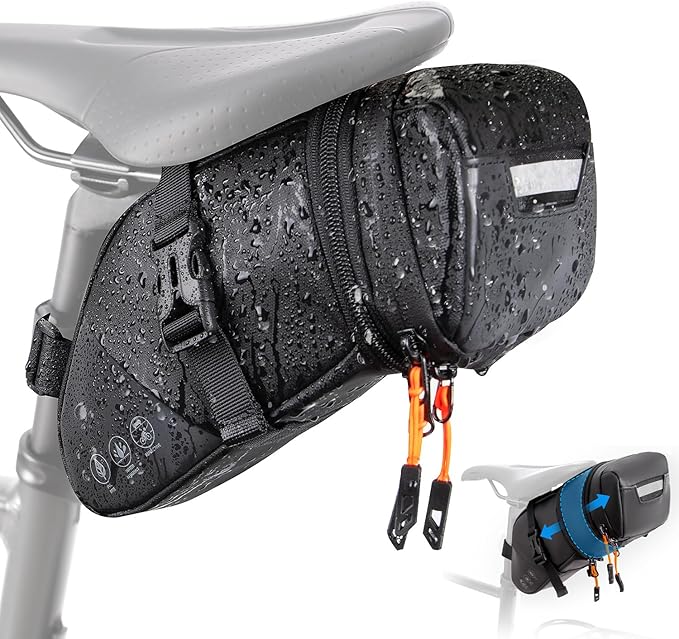 WOTOW Bike Saddle Bag - Waterproof Bike Seat Bag Expandable to 2L - Reflective Bicycle Under Seat Storage Pouch for Road Mountain Bike Cycling Travel