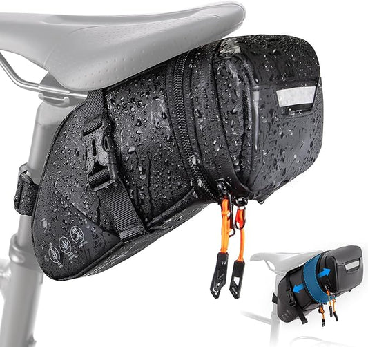 WOTOW Bike Saddle Bag - Waterproof Bike Seat Bag Expandable to 2L - Reflective Bicycle Under Seat Storage Pouch for Road Mountain Bike Cycling Travel