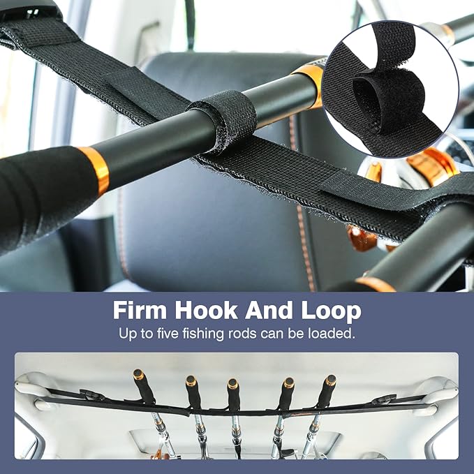 2 Pack Vehicle Fishing Rod Holder - Fishing Pole Car Rack 5 Rods Capacity, Adjustable 30 to 54 Inches Horizontal Roof Storage Carrier Belt for SUV, Truck and Van, Black