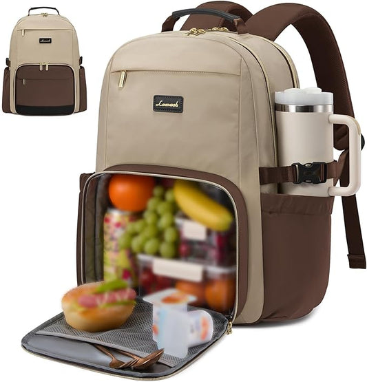 LOVEVOOK Lunch Backpack with Lunch Compartment,17 Inch Laptop Work Travel Insulated Cooler Backpack, Waterproof College Teacher Lunch Bag Box with Tumbler Holder,Gifts for Men Women,Khaki-Coffee-Black