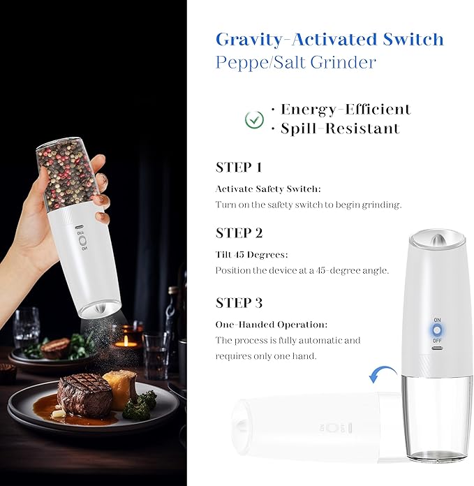 充電式電動ソルト＆ペッパーミルセット、重力センサー式、粗さ調節可能、LEDライト付き (ブラック+ホワイト)