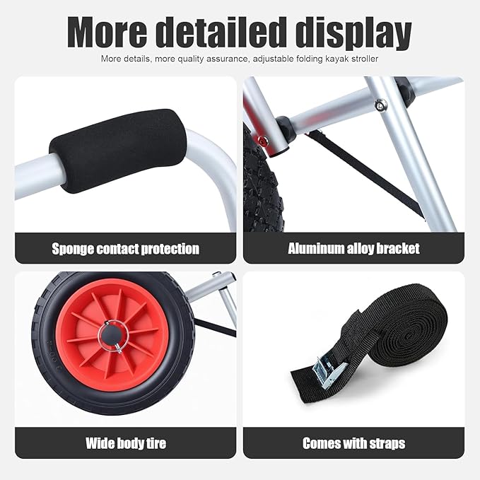 Foldable Kayak Cart with 10" Pneumatic Tire, Canoe Dolly Kayak Carrier Adjustable Kayak Transport Dolly Trailer, 150lb Capacity