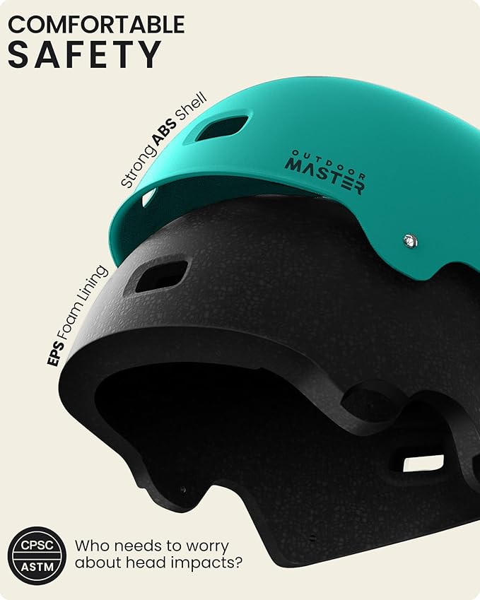 OutdoorMaster スケートボード サイクリング ヘルメット - Beetles Snug、大人、ユース、子供向け自転車ヘルメット - 2つの取り外し可能なライナー、通気性、マルチスポーツ、通勤、スクーター、ローラースケート、インラインスケート、ロングボード