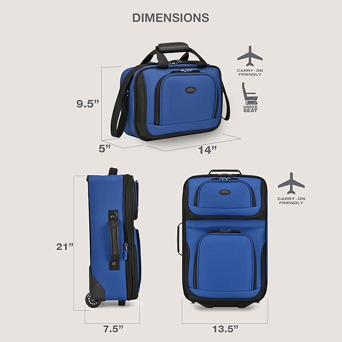 U.S. Traveler Rio Lightweight Softside Rolling Carry-on Suitcase, 2-Wheel Set, Royal Blue