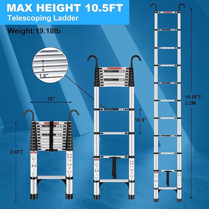 Telescoping Ladder, 10.5FT Aluminum Lightweight Portable Telescopic Ladder with Hook, Stabilizers & Wheels, Heavy Duty 330lbs Max Capacity, Extension Ladder for Roofs, RVs, Outdoor-Sliver