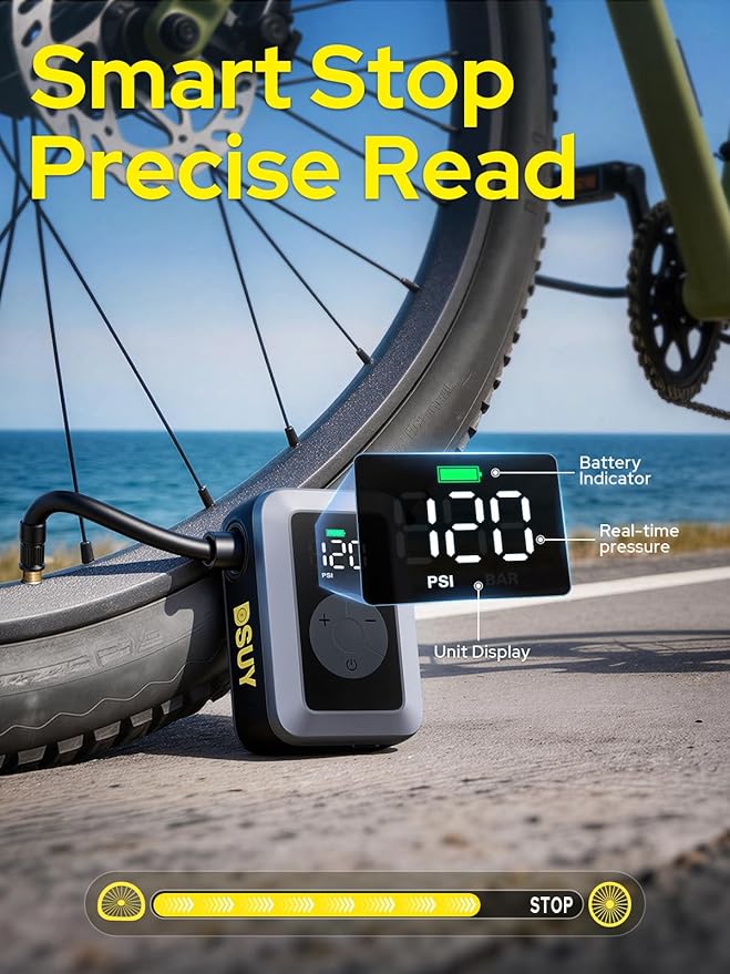 Mini Bike Tire Pump, 120PSI Portable Electric Bicycle Air Pump with Digital Gauge & Auto-Stop, 20s Faster Inflation for Road Bike, Mountain Bike, E-Bike – Presta/Schrader Valve Compatible