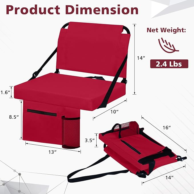 Stadium Seats for Bleachers 2 Pack w/Back Support Bleacher Seat Soft Cushion Light Weight Includes Shoulder Strap & Cup Holder, Front & Back Zipper Pocket, Suitable for Sports Events,Maroon