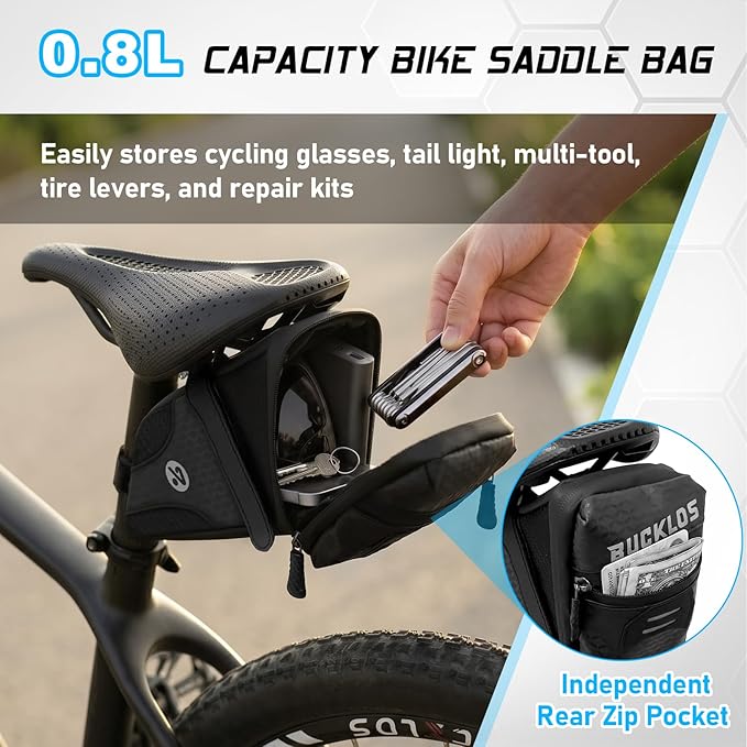 BUCKLOS Bike Saddle Bag, 0.8L Water Resistant Under Seat Bag, 3D Shell 600D Polyester Cycling Wedge Pack with Reflective Strips & Taillight Hanger for Mountain & Road Bikes, Black