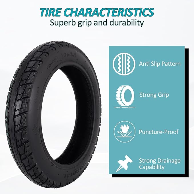 16 Inch Tubeless Tire for Electric Bike, 16x3.0 Puncture-Proof Snow Tire for E-Bike with Valve and Tire Levers, 16” Vacuum Tire Pneumatic Tires