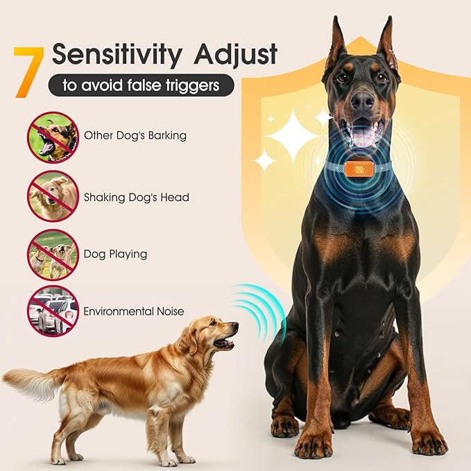 Dog Bark Collar for Large Medium Small Dogs, Effective No-Bark Collar, Smart Barking Collar, Rechargeable Bark Collar with 7 Sensitivity, 3 Modes, Waterproof,Orange