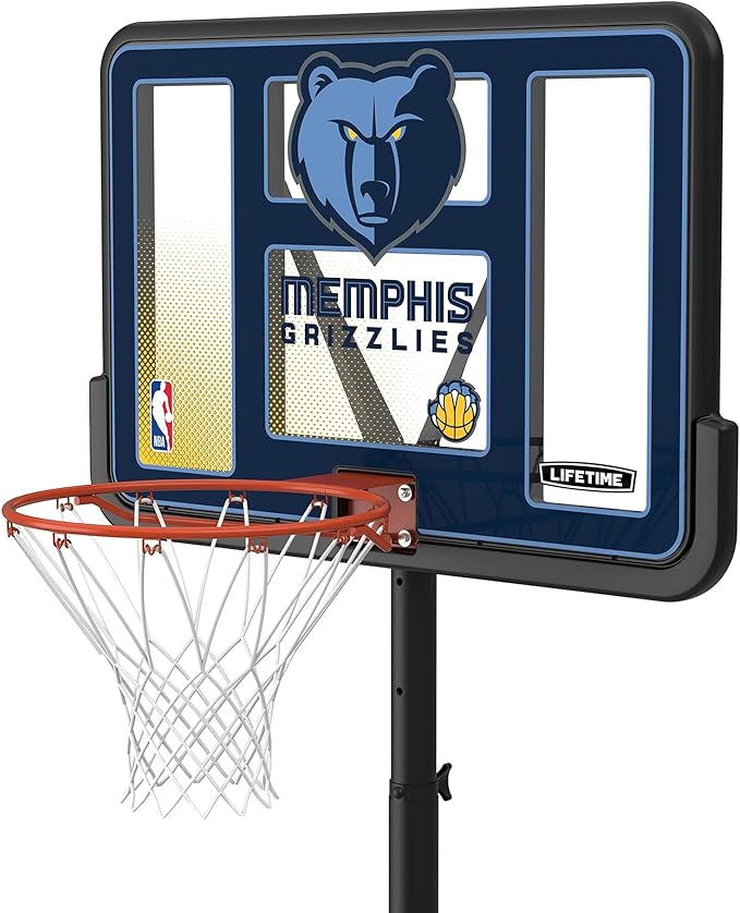 Lifetime NBA Memphis Grizzlies Portable Basketball Hoop, Adjustable Height 7.5-10 Ft, 44 Inch Shatterproof Fusion Backboard, Base with Wheels