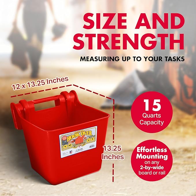 Little Giant® Plastic Hook Over Feeder | Mountable Livestock & Pet Feed Bucket | Horse Feed Bucket | Made in USA | 15 Quarts | Red