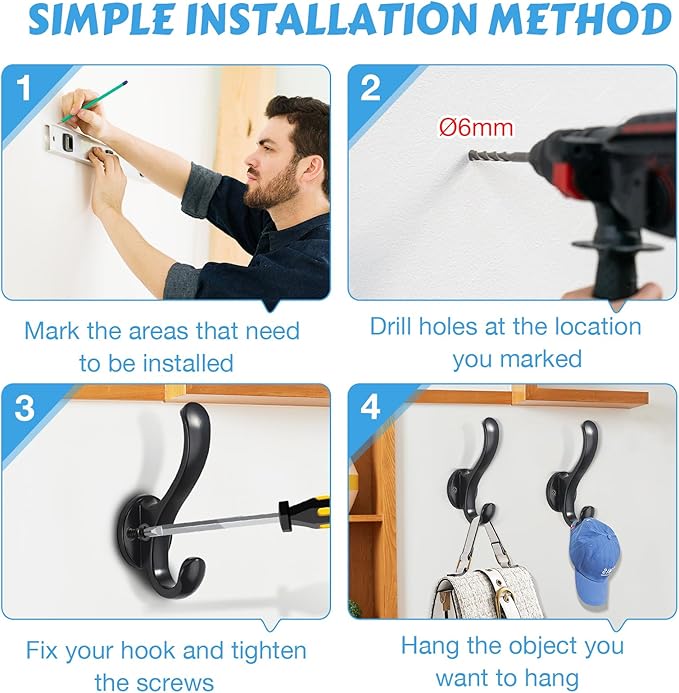 6 Pack Coat Hooks Wall Mount Heavy Duty Utility Retro Double Hooks for Hanging Coats,Hat, Towel, Key, Robe, Scarf, Bag, Cap (Black)