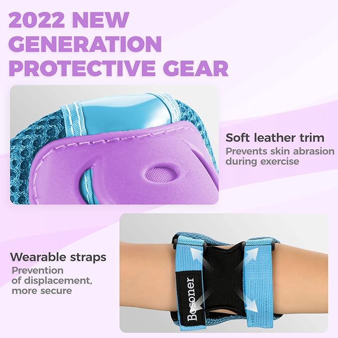 BOSONER Knee Pads for Kids Roller-Skating: Adjustable Protective Gear Set Knee Elbow Pads Wrist Guards for Bike Cycling Skateboarding Scooter Gifts 3-8 / 9-15 Years Boys Girls
