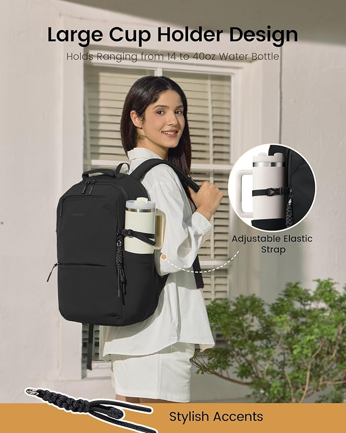 LOVEVOOK Laptop Backpack for Women Men with Giant Tumbler Holder - 17.3Inch Work Computer Travel Backpack with Laptop Compartment, Water Resistant, Cute Commuter College Teacher Nurse Purse Bag,Black
