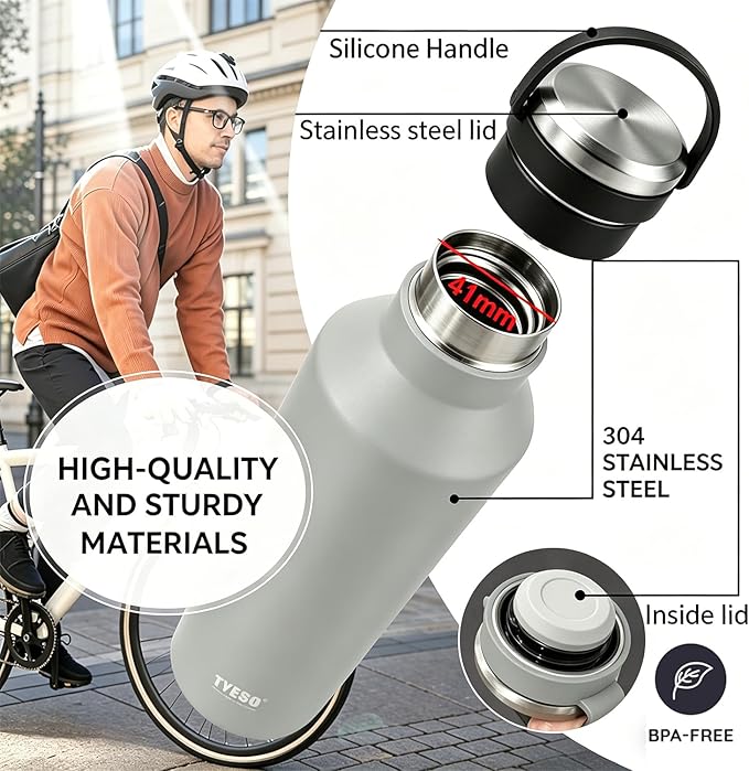 TYESO Stainless Steel Vacuum Insulated Water Bottle, Insulated Water Bottle with Soft Silicone Carry Handle (GRAY, 25 OZ)