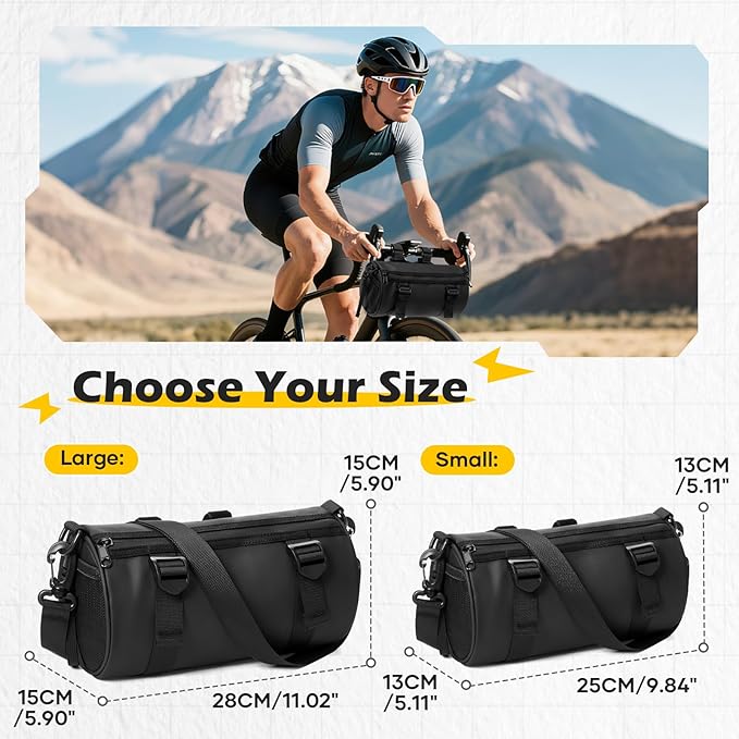SEAFEW 6L Large Black Bike Handlebar Bag, Waterproof Rain Cover Front Bike Bag for Bicycles, Mountain Road Bike Fram Storage Barrel Bag with Water-resistant Zippers, Cycling Commuter Shoulder Bag