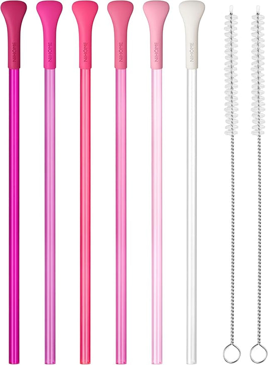 NiHome 6PCS Anti Wrinkle Straws with Silicone Widen Flat Tip Drinking Plastic Straw, Fit for Stanley 30 oz 40 oz Tumbler, Reusable Wrinkle Free Plastic Long Straw, 2 Brushes, BPA-free (Pink Series)