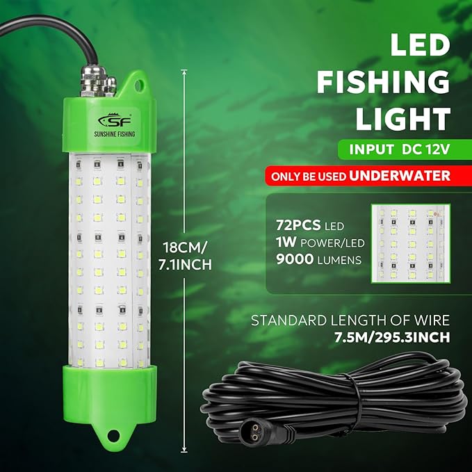 SF DC 12V LED Underwater Fishing Light 45W 70W 100W Fish Attracting Light 5600 7000 13000lm Green Fishing Light Submersible for Dock and Boats IP68 Waterproof with Cigarette Lighter or Battery Clips