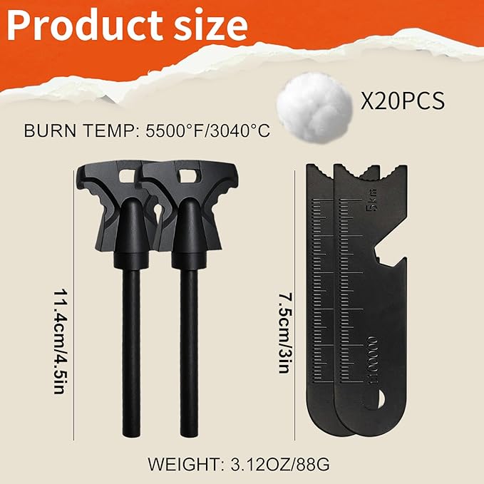 2PCS Magnesium Fire Starter with Striker, High Temp Magnesium Rod, Ferro Rod Fire Starter Survival Tool with 20Pack Waterproof Tinder and Steel Fire Striker for Camping, Hiking and Emergency