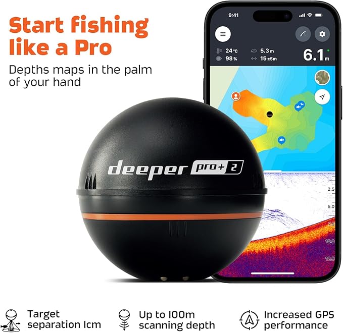 Deeper PRO+ 2 スマートソナー 魚群探知機 - カヤック、ボート、氷上釣りに対応したGPS搭載ポータブル魚群探知機兼深度探知機 | 無料の使いやすいアプリ付きキャスト可能Deeper魚群探知機