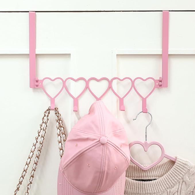 Pink Heart Over The Door Hooks Hanger Wall Mount Towel Hanger Door Holder Organizer 5 Hooks Kawaii Farmhouse Rustic Coquettish Style Decor for Bedroom Bathroom Towel Hat Clothes