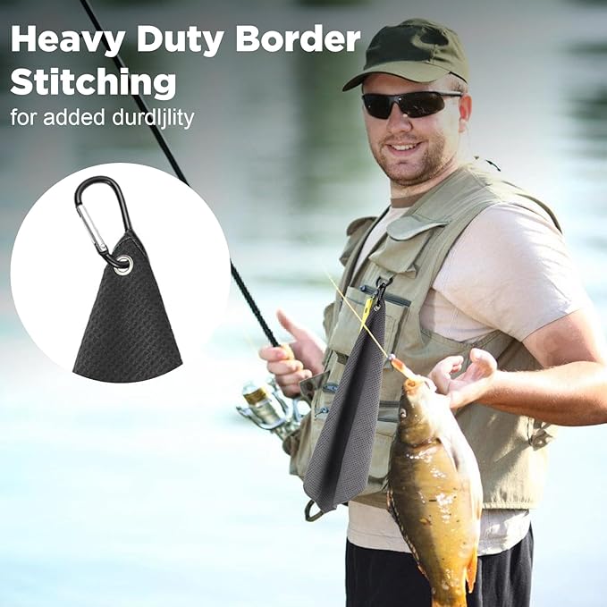 3 Pack Microfiber Fishing Towels with Clip, 16" X 16", Waffle Pattern for Effective Cleaning of Fishing Gears or Dirty Hands, Perfect for Camping Towels and Hiking Towles