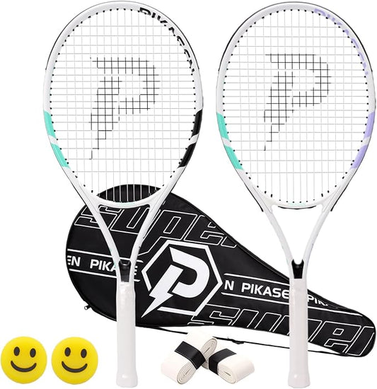27インチ大人用レクリエーションテニスラケット2本セット、オーバーグリップ2個とテニスバッグ1個付き。初心者や学生の練習に最適
