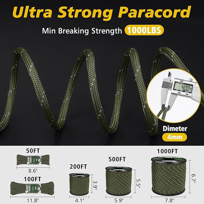 X XBEN Paracord Reflective 1000lb, 50/100/200/500/1000ft 4mm, 13 Strand Parachute Spool Cord, Survival Rope for Camping, Fishing, Hiking, Tent, Clothesline, DIY Crafts & Survival Bracelet, Neon Green