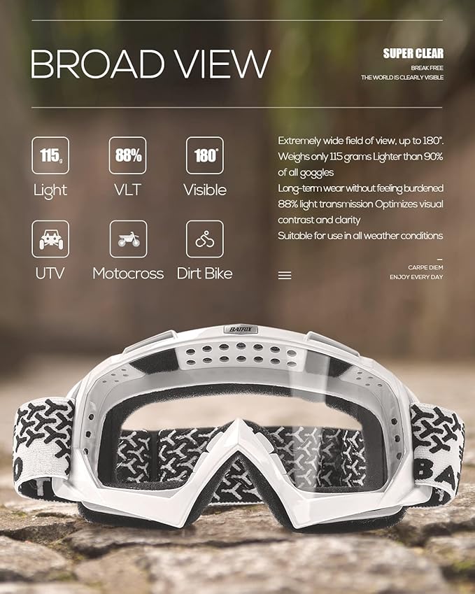 Dirt Bike ATV Goggles Motorcycle Glasses Riding Motocross 4-Wheeler MX DH Accessories for Men Women Youth UV Protection Safety Dust-Proof Anti-Slip Strap(Clear-White)