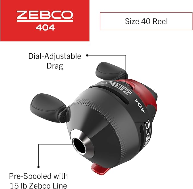 Zebco 202 & 404 スピンキャストリールと釣り竿コンボ（2個パック）、5フィート6インチ 2ピース釣り竿、サイズ30と40リール、右巻き、10ポンドと15ポンドのケイジャンラインがプリスプール済み、ブラック/レッド