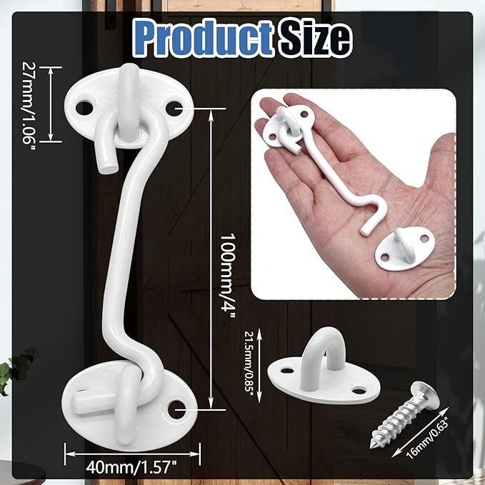 Biaungdo Heavy Duty Hook and Eye Latch, 4 Inch White Privacy Hook Barn Door Lock Easy Lock, Stainless Steel Gate Latch for Doors/Windows/Sheds/Gates/Fences/Closets/Cabinets, 1 Pack