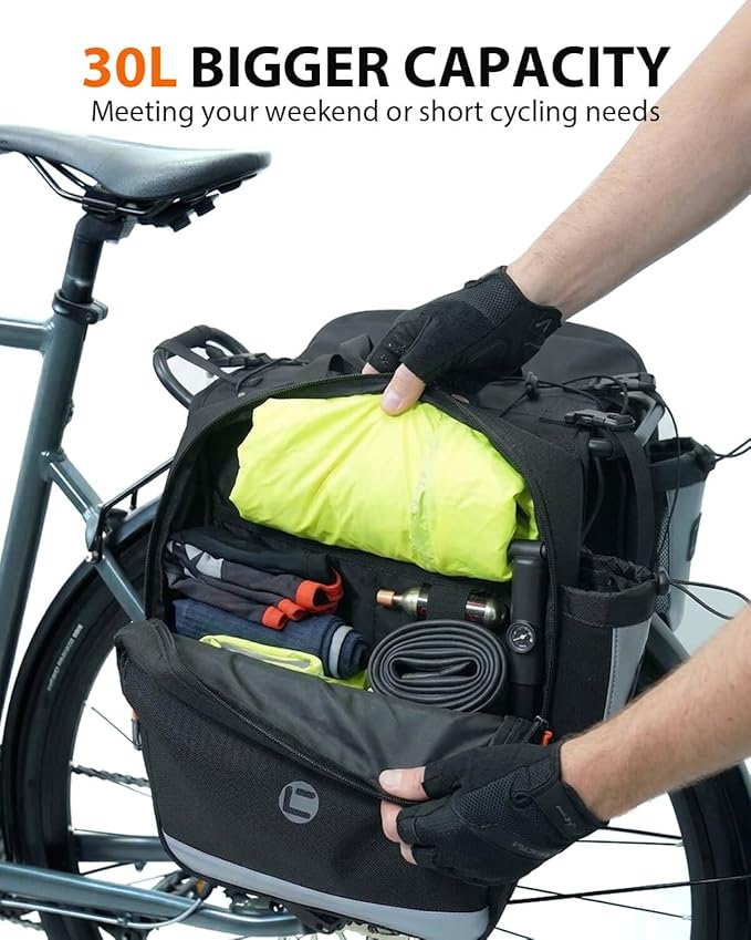 NDakter Bike Panniers, 30L Waterproof Panniers Bike Bags for Rear Rack, Expandable Double Bicycle Trunk Saddle Bag with Reflective Strips,E-bike Accessories for Commute and Mountain Cycling Travel