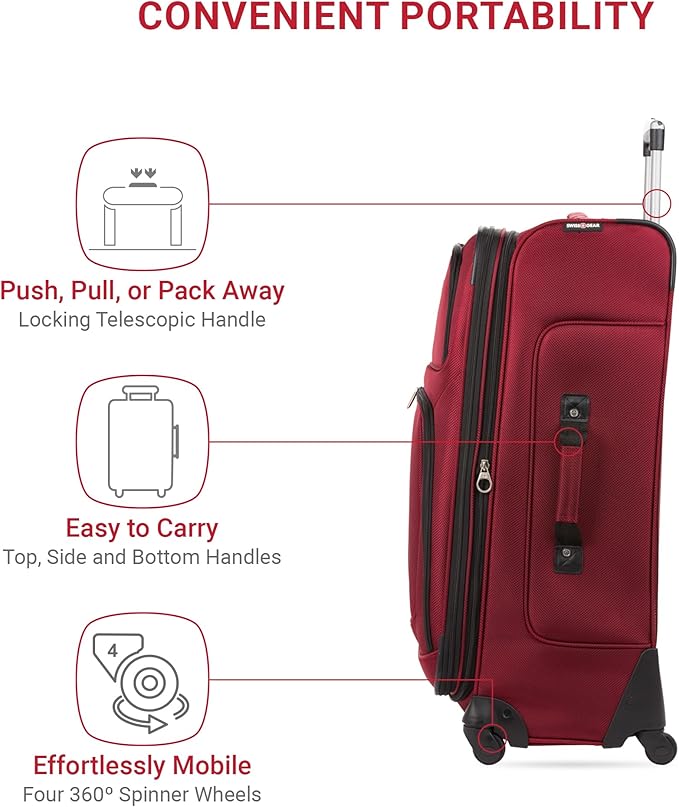 SwissGear Sion Softside Expandable Luggage – Large Checked Suitcase with 360 Degree Wheels & Retractable Handle – 29 Inch, Perfect for 7-9 Night Trips – Burgundy