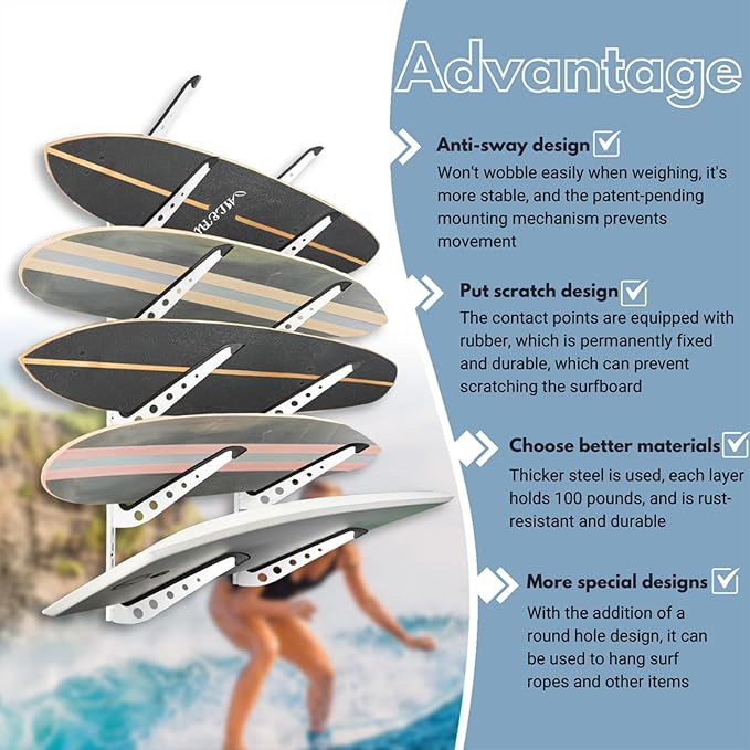 ShouRong Snowboard Wall Mount, Adjustable 5/6 Board Surfboard Rack, Surfboard Wall Hangers for Surfboard, Wakeboard, and Snowboard Storage at Home or Garage