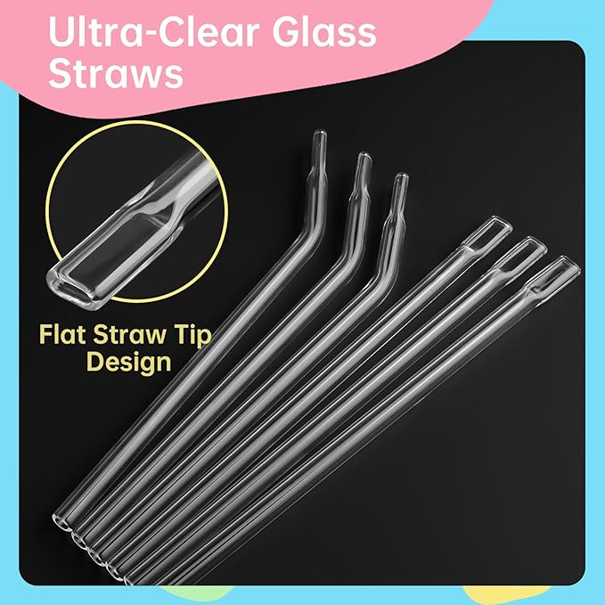 NiHome 6PCS Reusable 8" Anti-Wrinkle Flat Tip Borosilicate Glass Straws for 14oz & 20oz Stanley Cups, Straight & Bent Set, Reduces Lip Lines, Eco-Friendly, Dishwasher Safe, Non-Toxic Drinking Straws