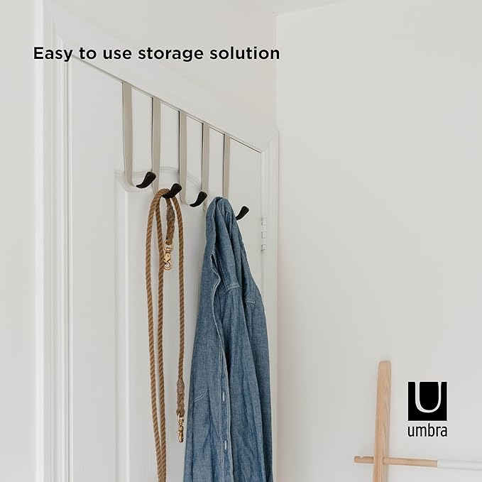 Umbra Schnook Steel Over-The-Door Multi-Hook - 5 Metal Hooks Measure 18" x 8" - Perfect for Hanging Robes, Towels, Shower & Bath Accessories - Keep Your Bathroom Organized and Neat
