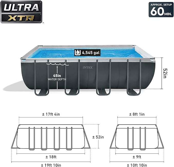 INTEX 26355EH Ultra XTR 18ft x 9ft x 52in Above Ground Swimming Pool Set with Sand Filter Pump and Solar Pool Cover