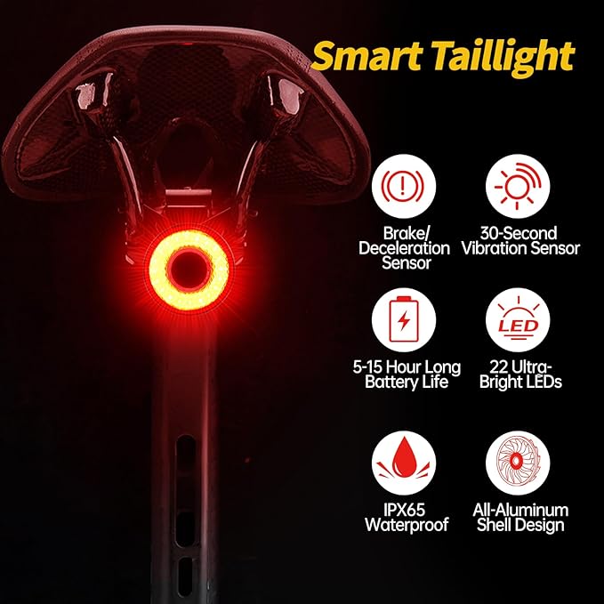 Super Bright Bike Lights for Night Riding, 2 Powerful LED for High Beam Low Beam Bicycle Lights, 6000mAh USB-C Rechargeable Bike Headlight, Smart Brake Bike Taillight, IPX6 Waterproof & Aluminum Alloy