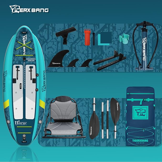 TIGERXBANG 11'x47''x8'' Inflatable Fishing Kayak, High-Performance Inflatable Kayak-Ideal for Water Fishing Activities, Equipped with Comfortable Seats and Camera Base Versatile Accessories