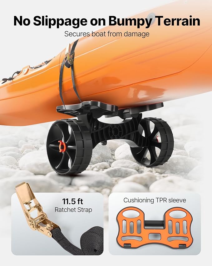VEVOR 300 lbs Kayak Cart, Foldable Kayak Trolley with 10-inch Solid Rubber Tires & 1 Ratchet Strap, Paddle Board Trolley for Carrying Kayaks, Canoes, Paddleboards, Float Mats, Jon Boats
