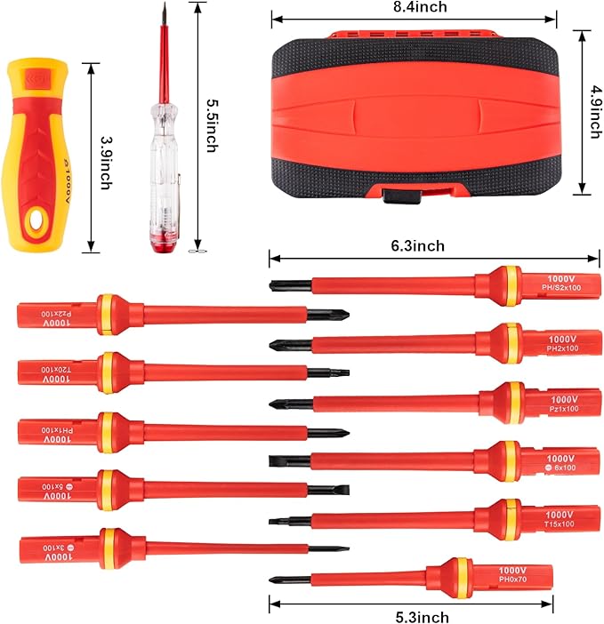 13PCS 1000V Insulated Screwdriver Set, S2 Steel, Magnetic Tips, PP + TPR Grip, GPSR Certified for Electrician Tools & Industrial Use